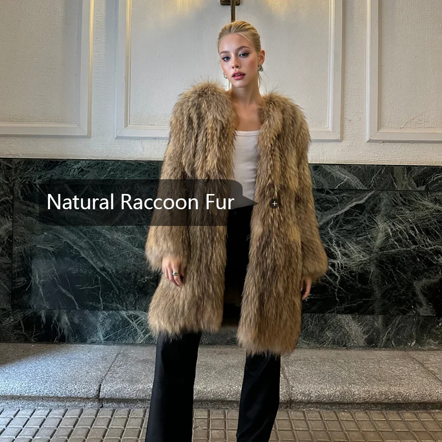 Lange Stil Waschbären Pelz Jacke Natürliche Waschbären Pelz Jacke Mantel Mit Runde Kragen Echt Pelzmantel Mode Damen Winter Herbst Mantel