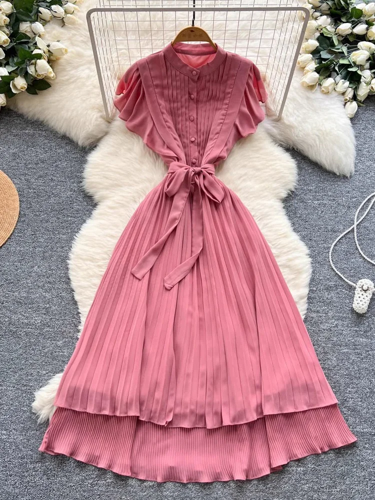 

Summer Vintage Women Draped Midi Dress Elegant Single Breasted Flying Sleeve Casual Vestidos Female Elegant Dresses New Fashion