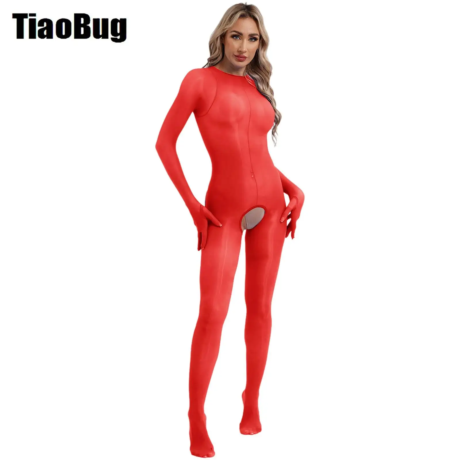 

Womens Sexy Glossy Jumpsuit Sheer Full-body Bodysuit Gloved Long Sleeve Open Crotch Butt Showing Unitard Nightwear Clubwear