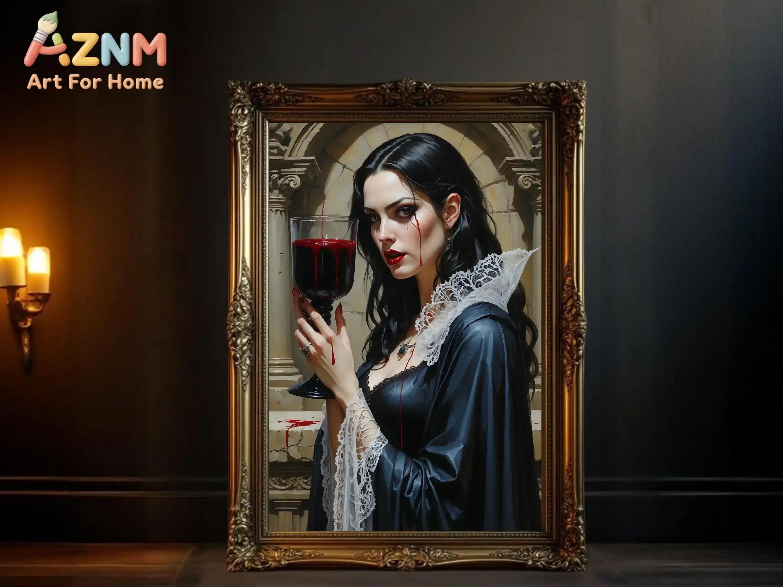 AZNM Gothic Vampire Bride Canvas Wall Art, Dark Rose Blood Cemetery Horror Print, Halloween Room Wall Decor Poster
