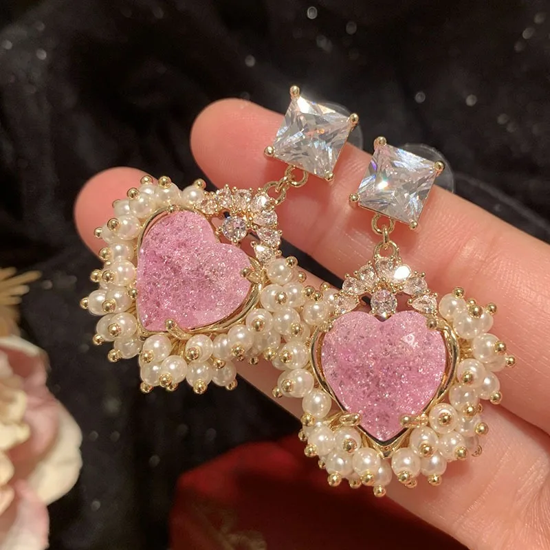 Pink love fairy candy crack design millet pearl super flash, girl peach heart summer sweet earrings