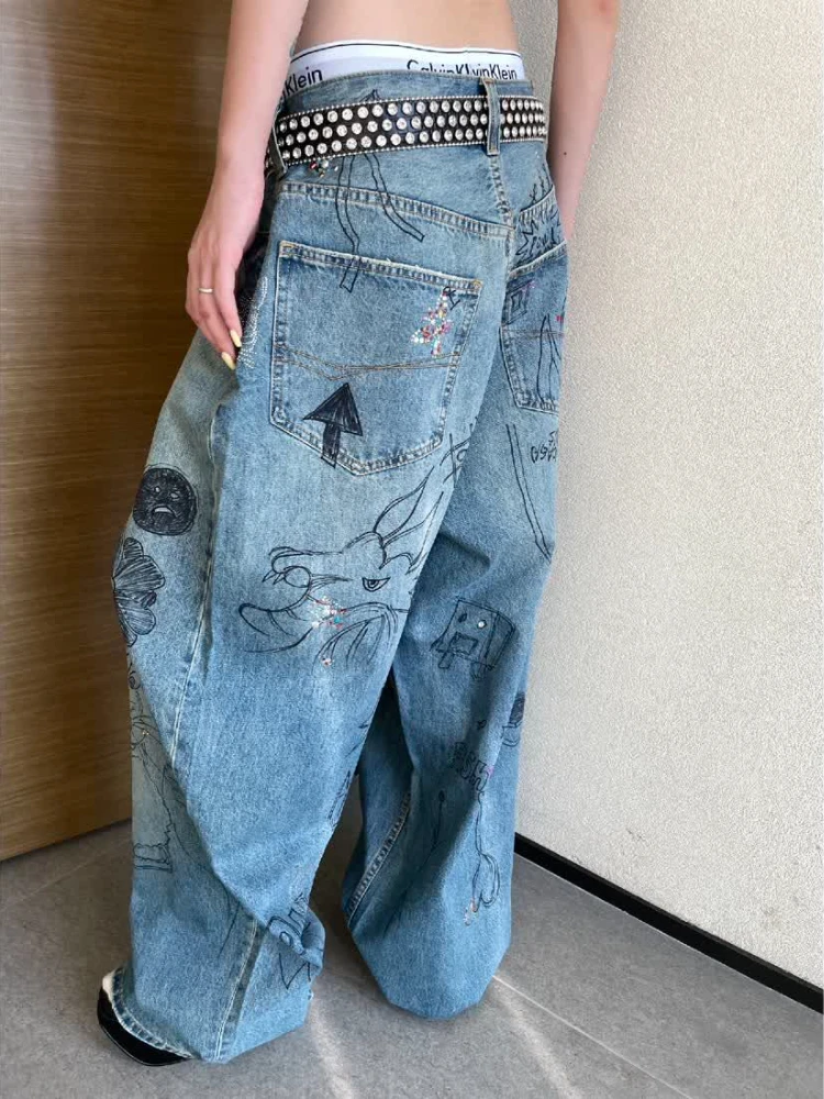 ADAgirl Harajuku Painted Wide Leg Pants Vintage Baggy Boyfriend Jeans for Women Y2k Hip Hop Aesthetics Streetwear Denim Bottoms