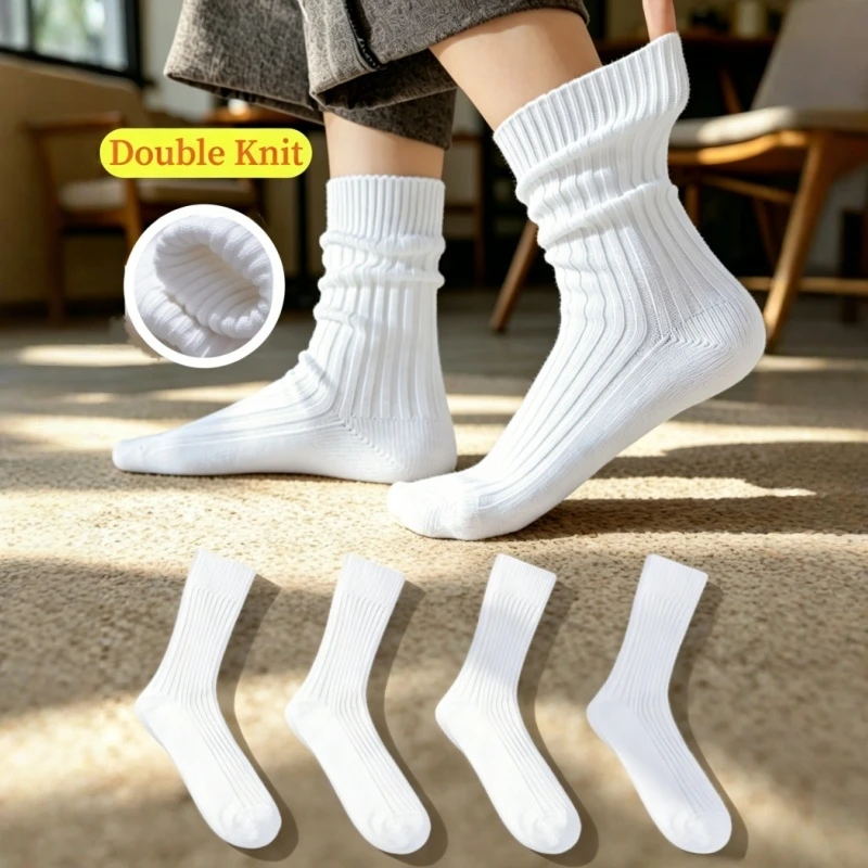 White Women Double Knit Slouchy Mid Calf Socks Plus Size Spring Summer Fall Soft Breathable Four Seasons Casual Knee High Socks
