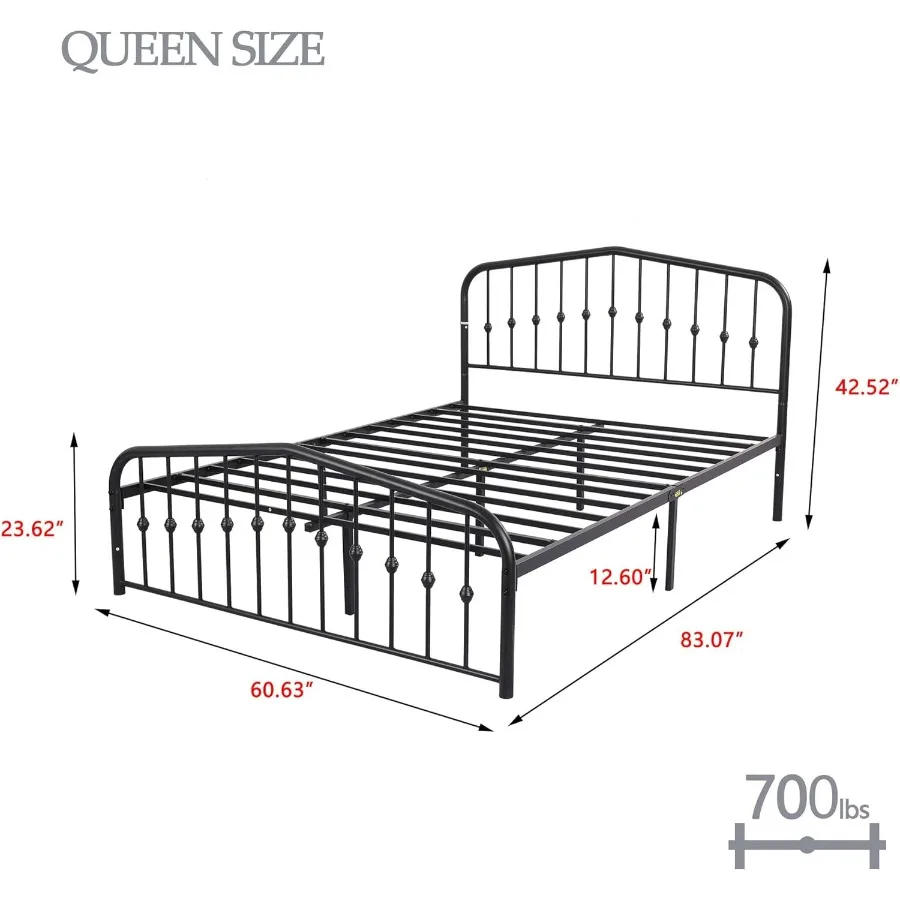 إطار سرير بمنصة معدنية بحجم كوين مع لوح أمامي على الطراز الفيكتوري، مساحة تخزين تحت السرير، لا يتطلب صندوق زنبركي أسود