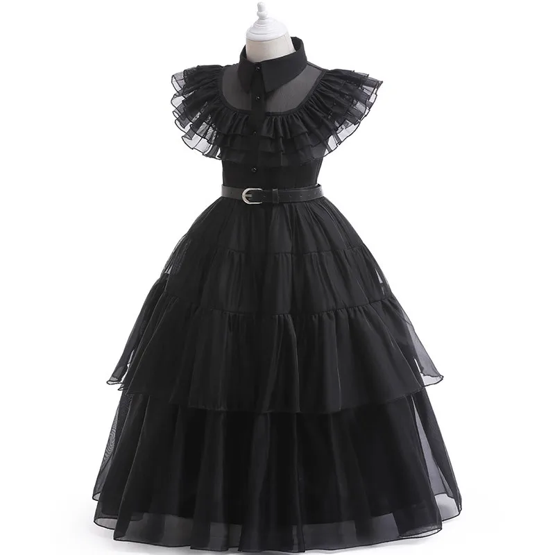 

Kids Black Mesh Long Dresses for Girls Princess Cosplay Pageant Luxury Birthday Party Layered Dress Formal Children Evening Gown