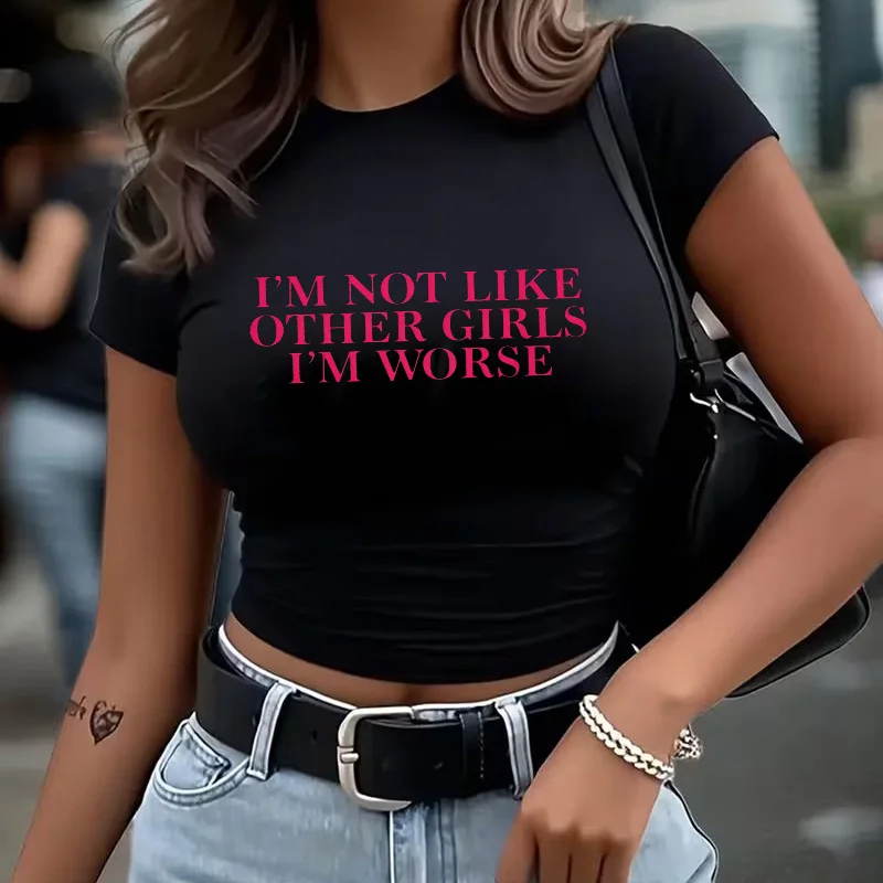 90s Cropped T Shirt with Letter I'M NOT LIKE OTHER GIRLS I'M WORSE Print Gothic Sexy Crop Tops Women's Short Sleeve T-shirt