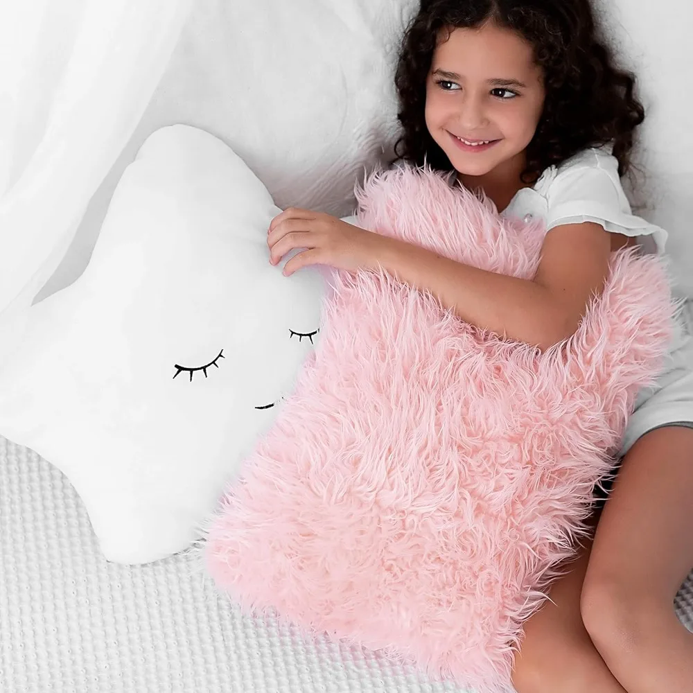 

Pair of Star-Embroidered White Plush Pillows and Furry Pink Faux Fur Pillows for Toddler's Bedroom Decor