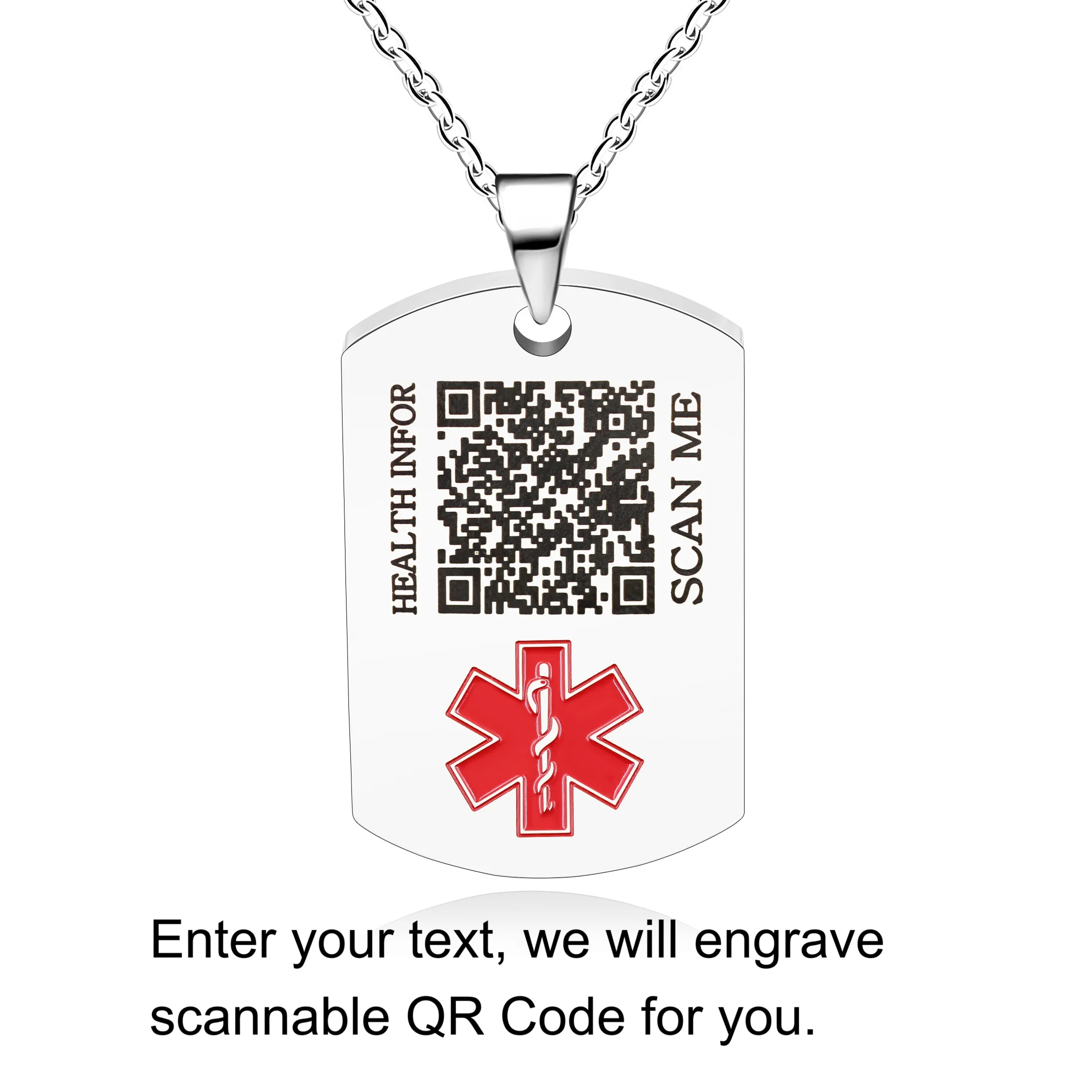 

Customizable Stainless Steel Medical Alert Necklace Laser Engraved Red Pendant ID Necklace for Men And Women