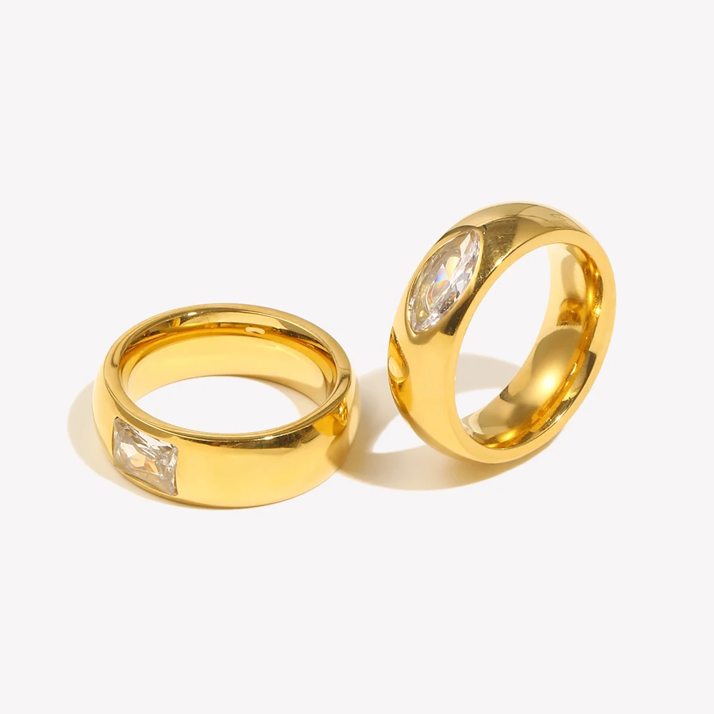 E.B.belle Fine Polished Bold Chunky Stainless Steel Square Eye Shape 3A Zircon Stone Square Marquis Crystal Gold Rings For Women