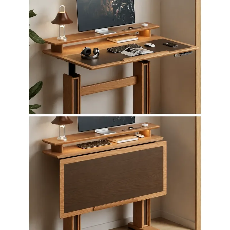 Electric Height Adjustable Standing Desk Solid Black Walnut Wood Flippable Top Mobile Home Office Computer Workstation Table