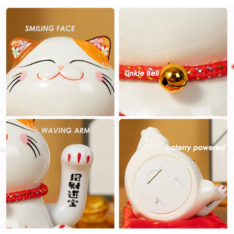 5.5 Inch Ceramic Beckoning Cat Maneki Neko Ornament Feng Shui Decoration Swing Lucky Fortune Cat Battery Powered Business Gift