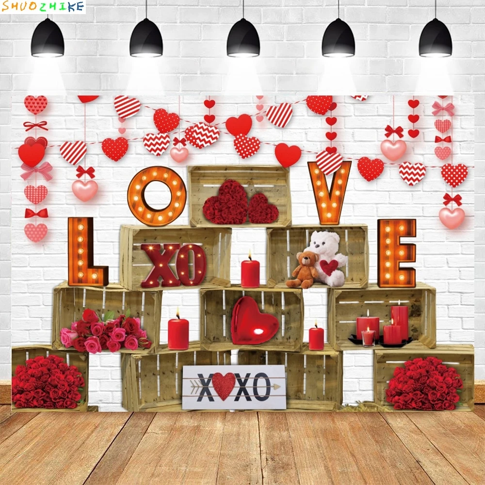 عيد الحب التصوير خلفية الطوب جدار الهدايا لعبة الدب الأحمر الحب القلب زهرة الورد اقتراح صورة خلفية استوديو الصور