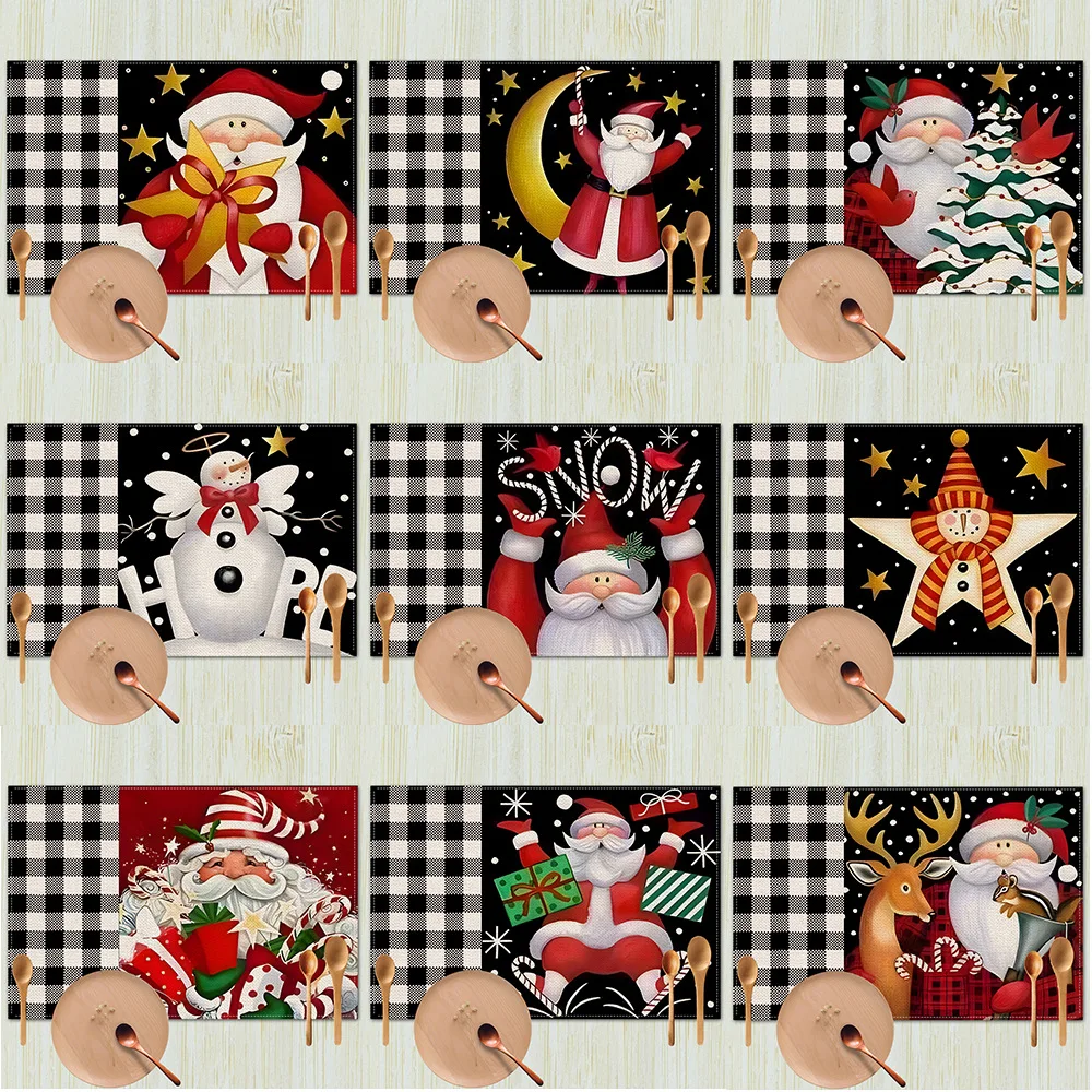 2024 Christmas Celebration Decoration Black and White Plaid Placemat Creative Santa Claus Printed Tablecloth Restaurant Set-up