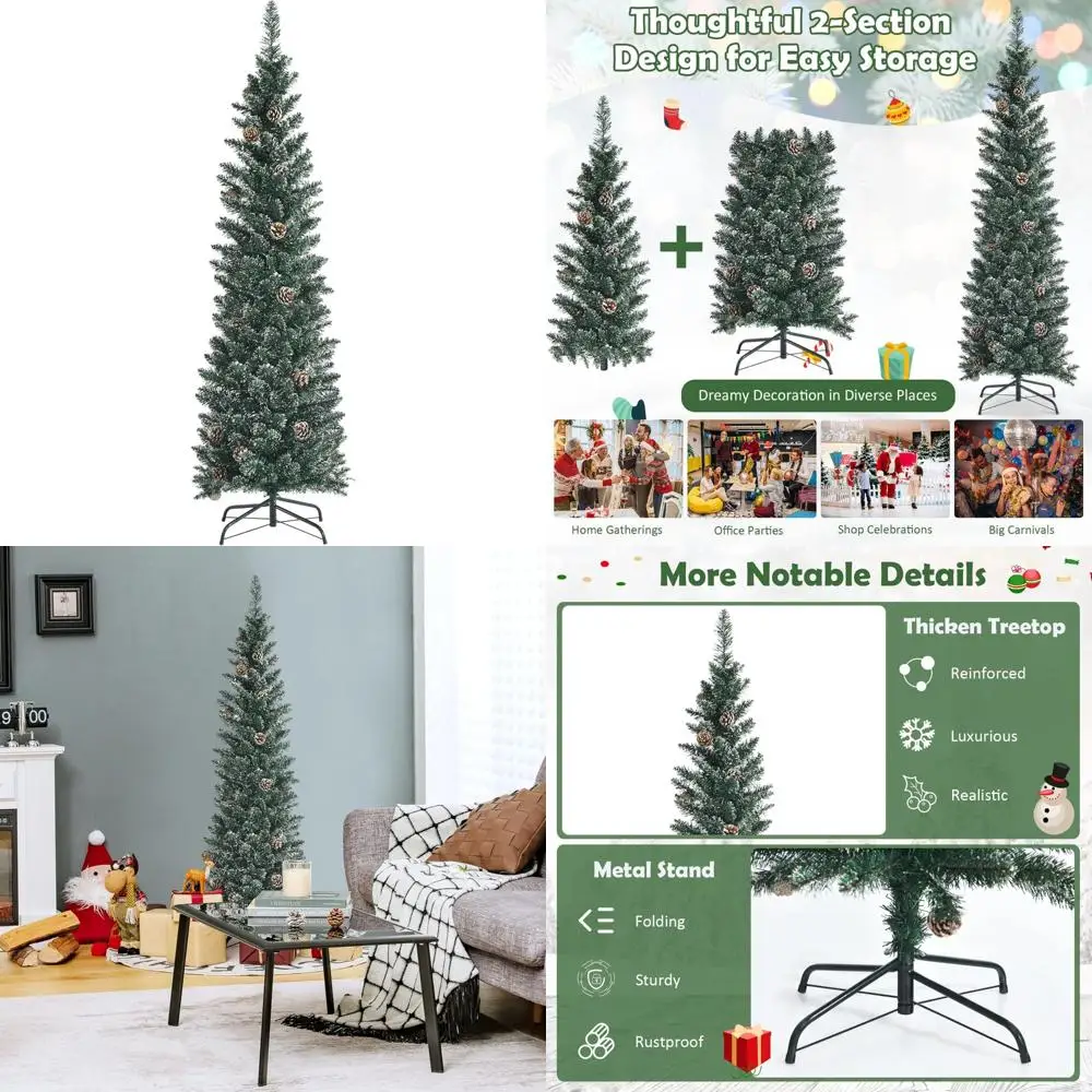 

Slim 5-Foot Pencil Artificial Christmas Tree with Snowy Look, 214 Branch Tips and 25 Pine Cones for Festive Celebrations