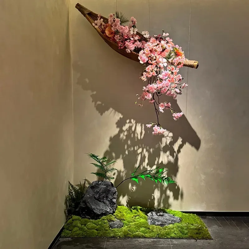 Simulation fake flower landscaping entrance art decoration club restaurant flower arrangement bamboo boat suspended cherry