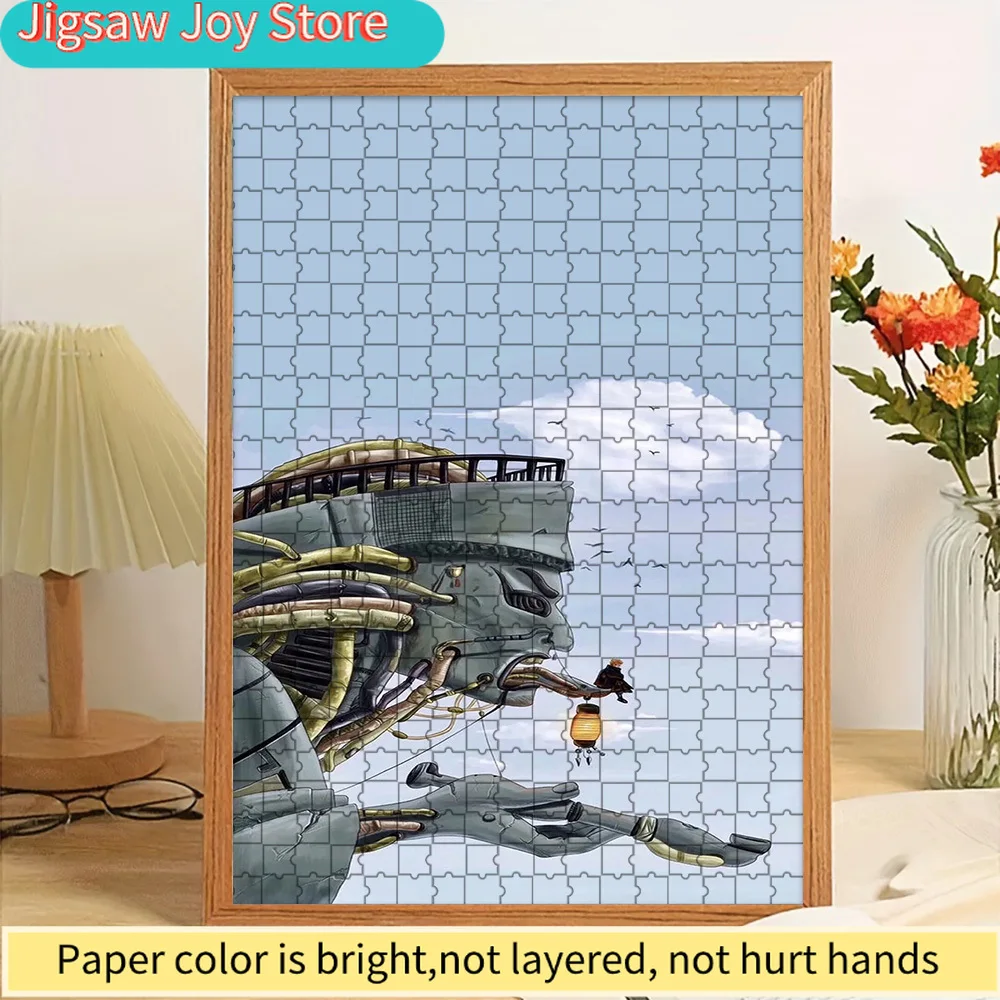 

Steampunk Giant Robot & Traveler Paper Puzzle, Whimsical Art Featuring a Mechanical Colossus and a Figure with a Lantern in a Cl
