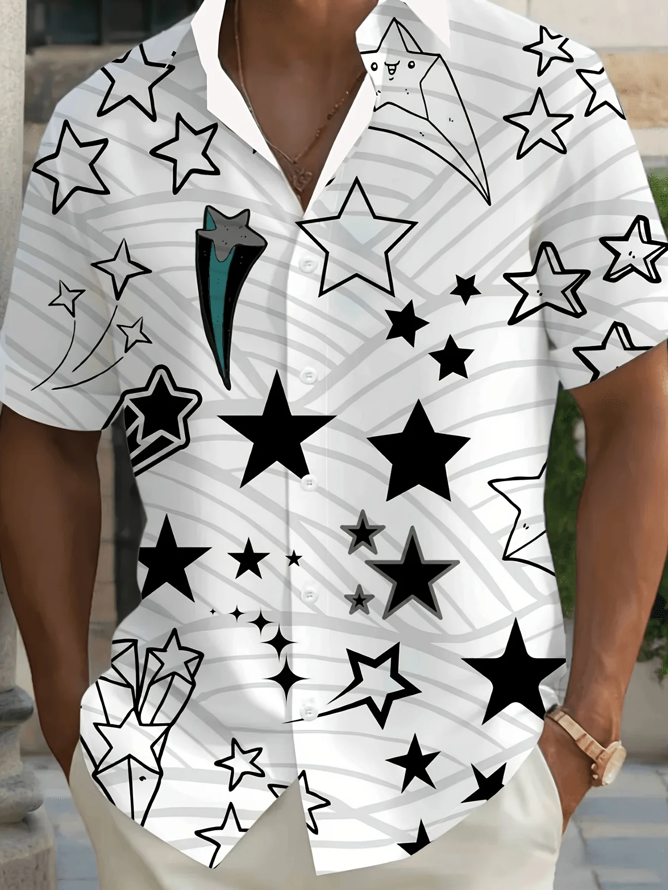 Men's Shirt Star Meteor Line Print Short Sleeve Lapel Button Shirts Summer Beach Vacation Casual Tops Men Clothing