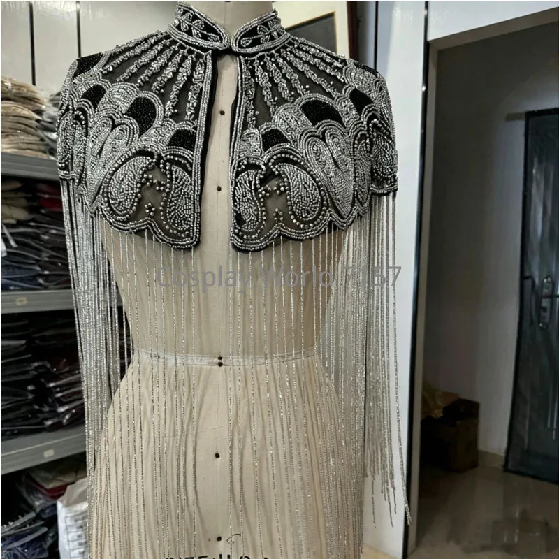 Luxury Hand Beaded Silver Fringe Cape Stand Collar Mesh Tassel Shoulder Wrap 1920s Gatsby Evening Party Bridal Formal Dress