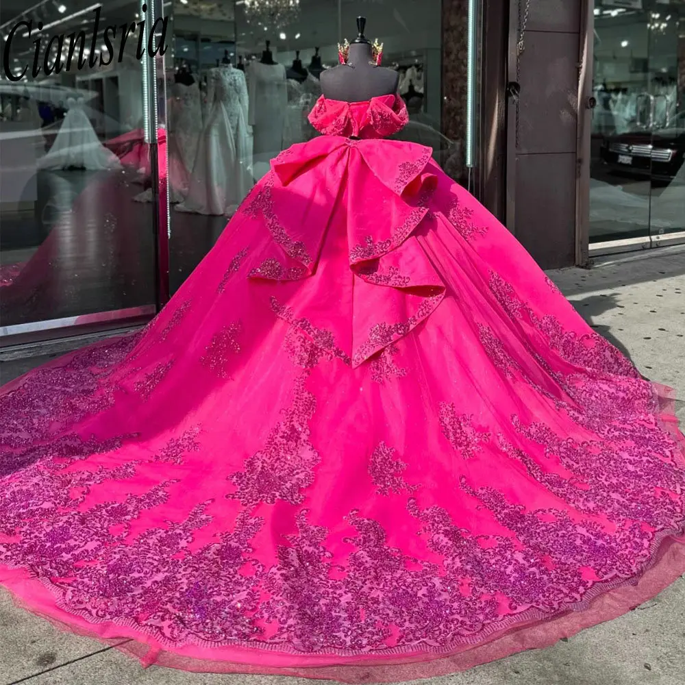 Vestidos De quinceañera fucsia con hombros descubiertos, vestido De baile con lentejuelas, apliques De encaje, corsé personalizado, Vestidos De XV Anos