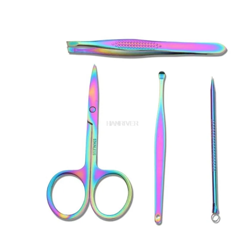 Set tagliaunghie arcobaleno Kit per manicure in acciaio inossidabile Forbici per unghie per uso domestico Pinzette Cucchiaio per orecchie Strumenti per manicure per unghie di bellezza