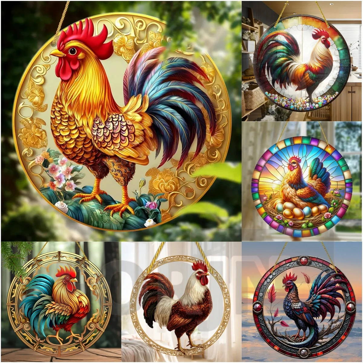 Rooster &Hen Sun Catcher - Garden Decor Round Stained Art Acrylic Translucent Window Hanging Sign, Home, Porch, Farmhouse Decor