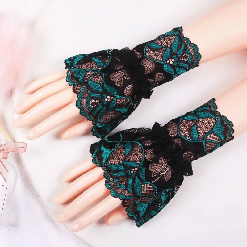 Fake Sleeves Detachable Women Cuff Extension Embroidery Lace Daisy Fake Sleeves Elastic Wrist Pleated Organ Lolita Fake Sleeve