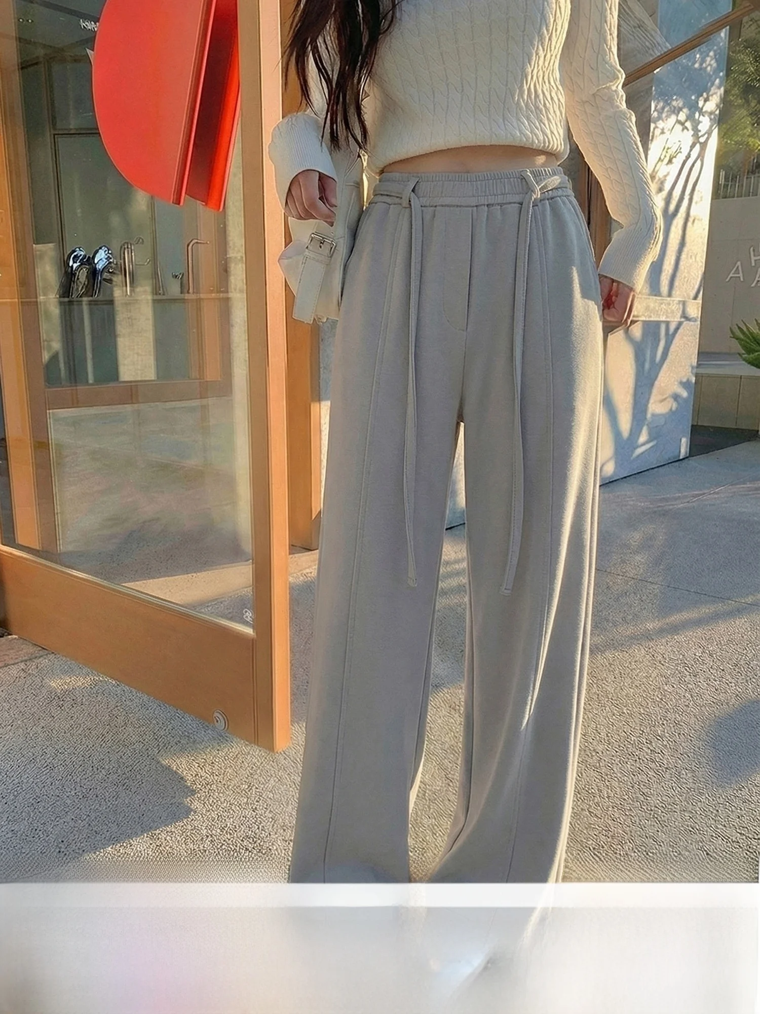 

Женские повседневные брюки на флисовой подкладке с высокой талией, широкими штанинами, длинные, осенне-зимние, свободные, в пол, с зауженным низом