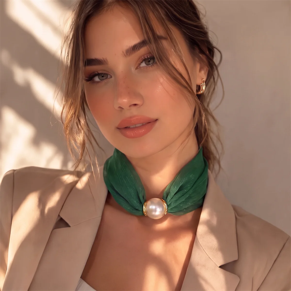 Magnetic Pearl Buckle Decorative Neck Scarf Ladies Shimmer Yoryu Chiffon Lightweight Solid Color Soft Neck Wrap Accessory