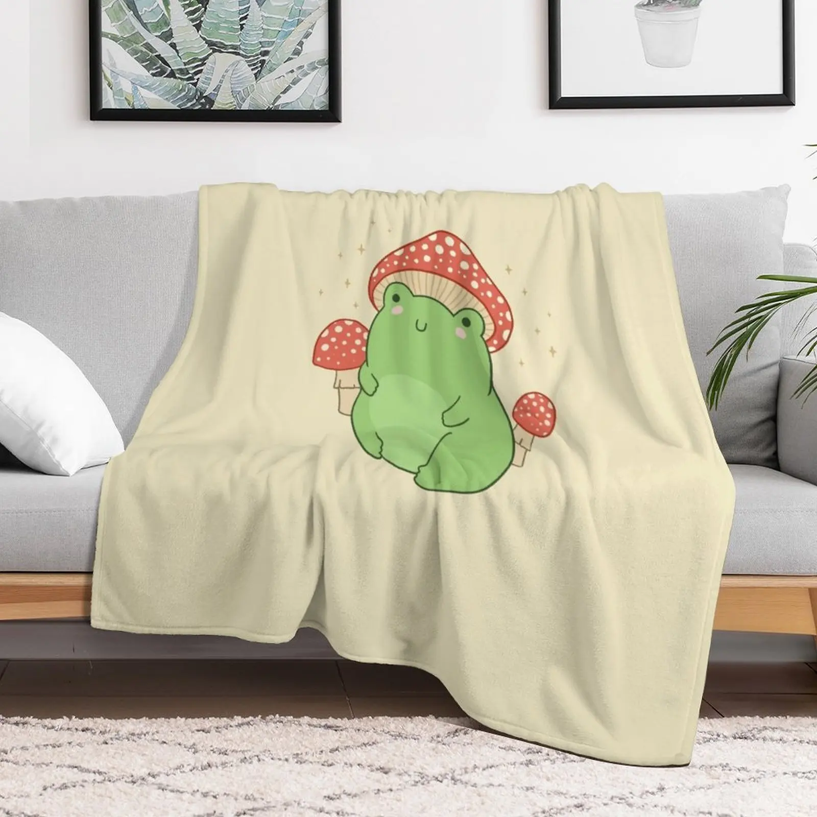 Kawaii Frog with Mushroom Hat and Toadstools - Cottagecore Aesthetic Froggy - Chubby Amanita Muscaria Forest Theme Throw Blanket