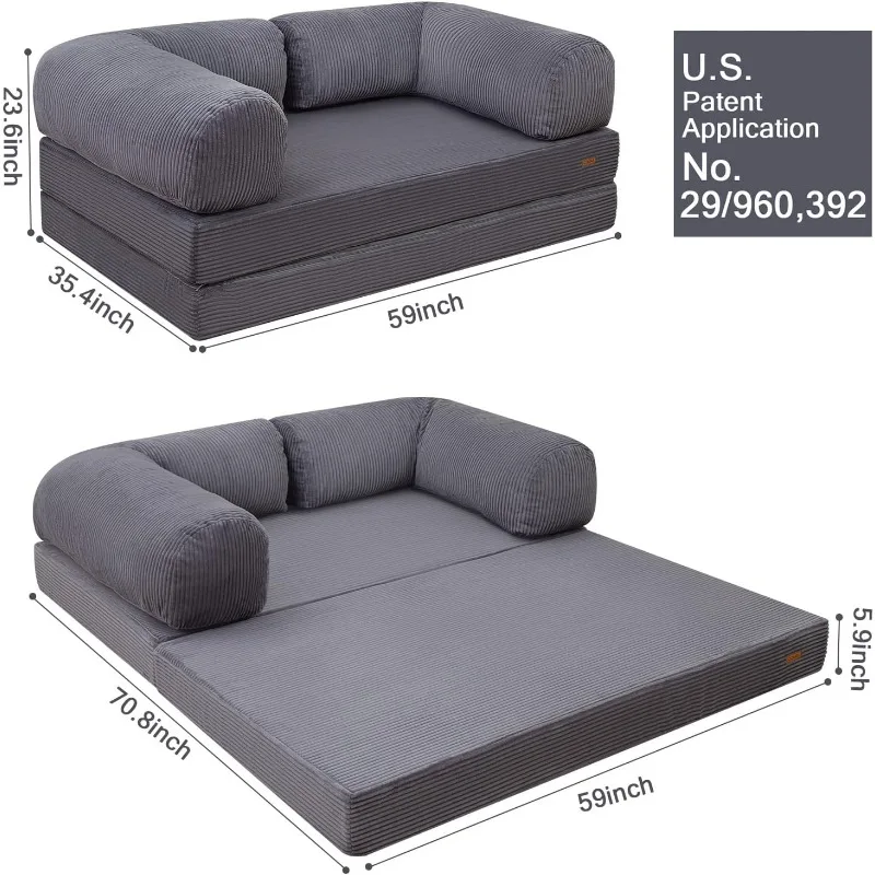 Tempat Tidur Sofa, Tempat Tidur Sofa Lipat Lantai 4-In-1 Queen dengan Sandaran Tangan Berbentuk L, Kasur Tidur Tempat Tidur Kursi Lipat Dapat Dikonversi