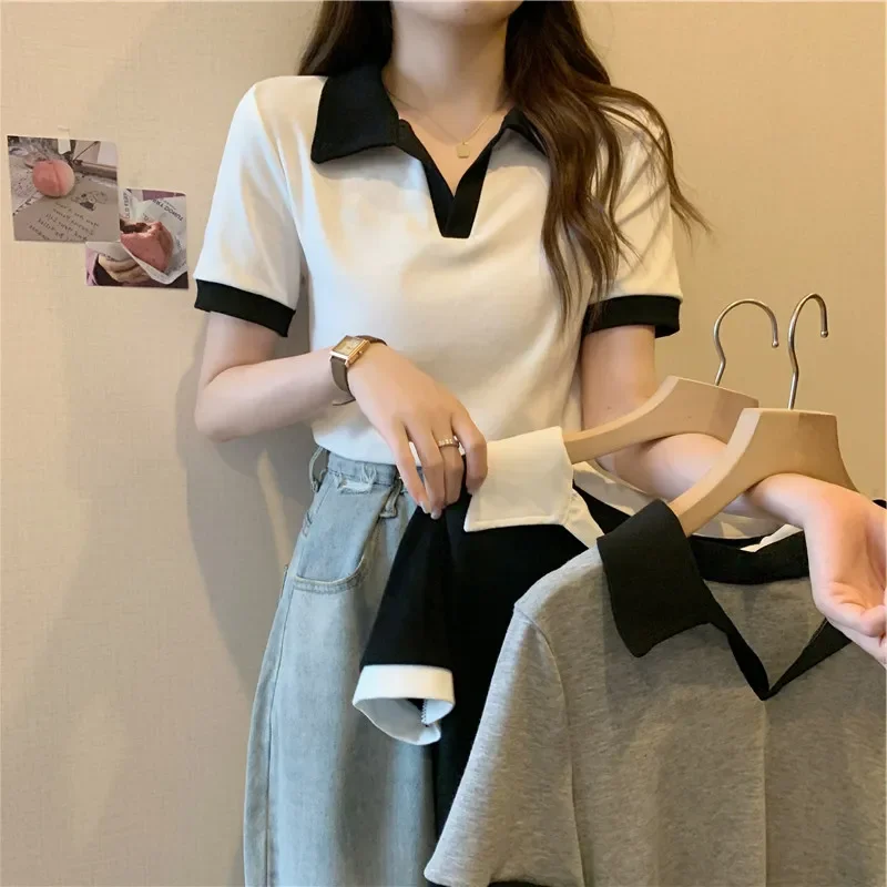 Summer Color matching Women t shirt harajuku short sleeve black white T-Shirts Korean casual slim Female Basic y2k Tees crop top