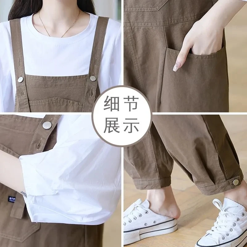 Womens Sleeveless Dungarees Rompers Korean Solid Cotton Jumpsuit Loose Shoulder Strap Pants Summer Casual Overalls Playsuits