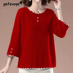 6XL miękkie eleganckie kobiety wiosna letnie koszule Lady Fashion Casual 3/4 rękaw O-Neck Collar jednokolorowy guzik do koszulki Pullover Top