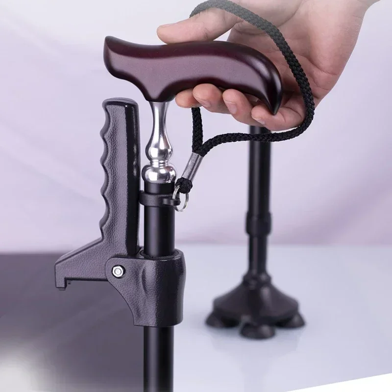 

Элегантный костыль для пожилых людей из цельного дерева, сверхлегкий нескользящий помощник для ходьбы на четырех ножках, перила из алюминиевого сплава для стабильности