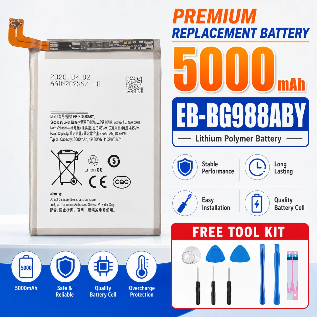 For Samsung S20 Ultra S20U Battery 5000mAh EB-BG988ABY Phone Battery + Complete Installation Tools