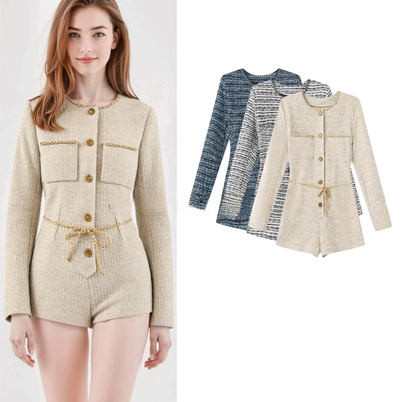 

Spring New Women's Slim Fit ort Rer Long Sve round Ne Piece Pants High Waist Straight Leg Commute Sle Polyest...