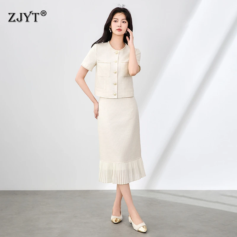 

ZJYT Fashion Women's Pearls Short Sleeve Top and Skirt 2 Piece Set Elegant Office Lady White Outfit Midi Dress Suits 2025 New