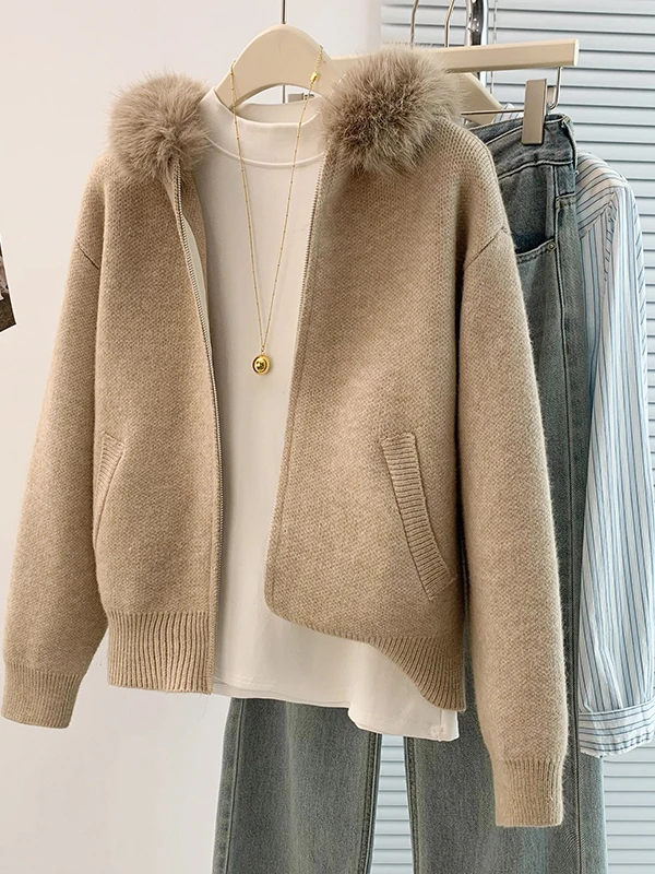 

Korean Japanese Sle Women's Open Cardigan Sweater Coat Hooded Large Fur Collar Soft Cozy Casual Knitted Winter Outerwear