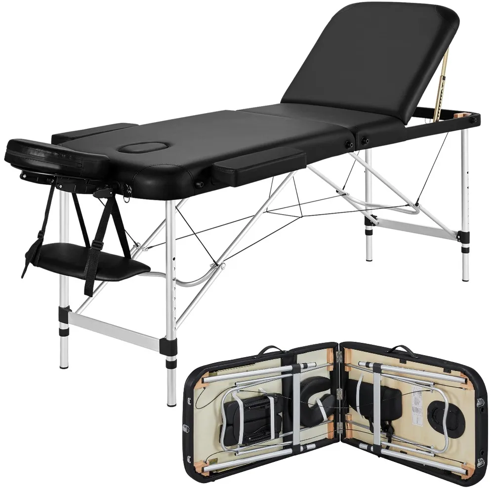 Portable Folding Massage Table Adjustable Lash Tattoo Bed Black | Foam-padded PVC leather on a heavy-duty aluminum