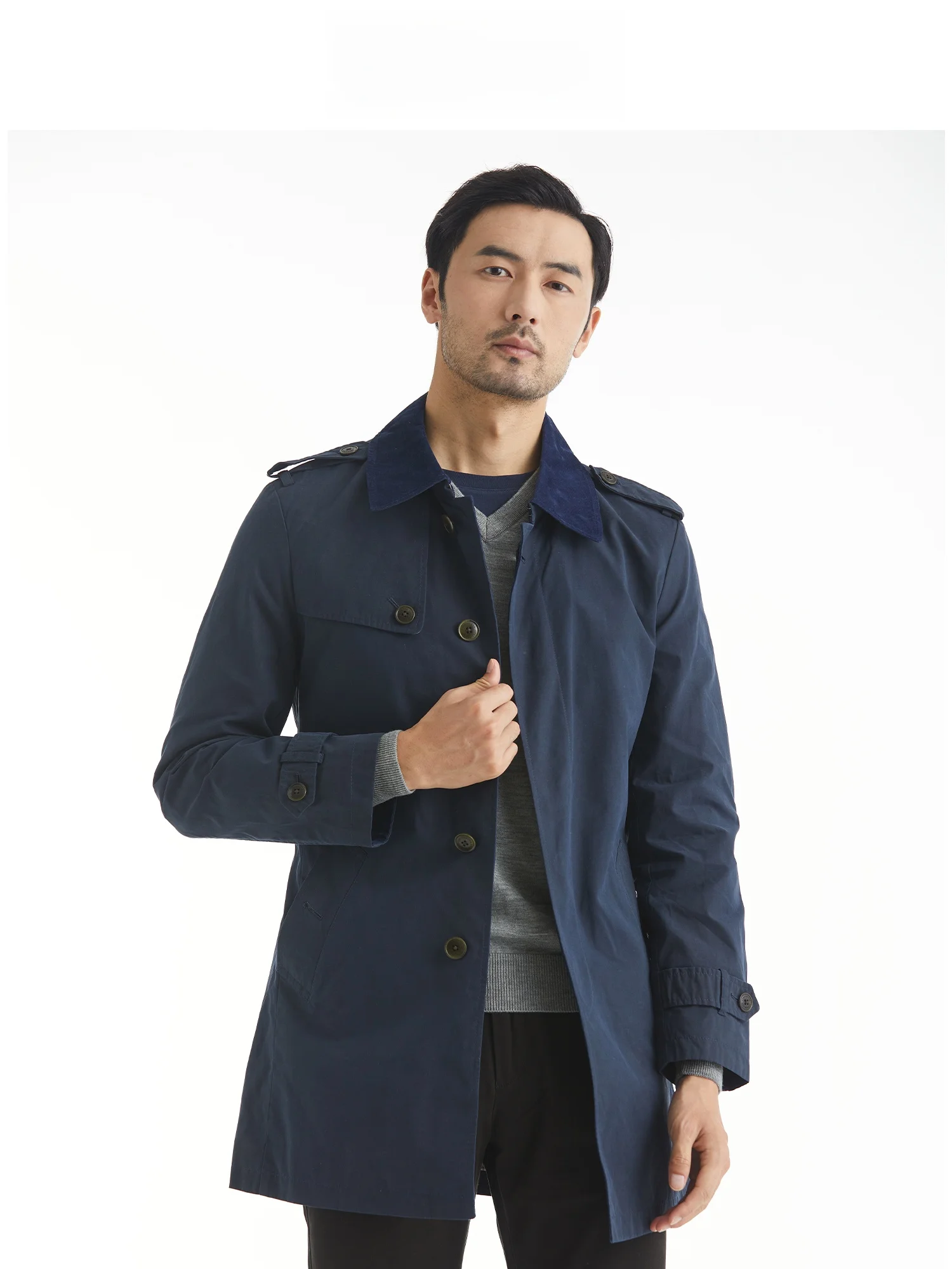 Casaco Casual Masculino Estilo Britânico London Fog de Comprimento Médio para Negócios Outono Inverno em Mistura de Algodão à Prova de Vento Manga Longa Sem Forro