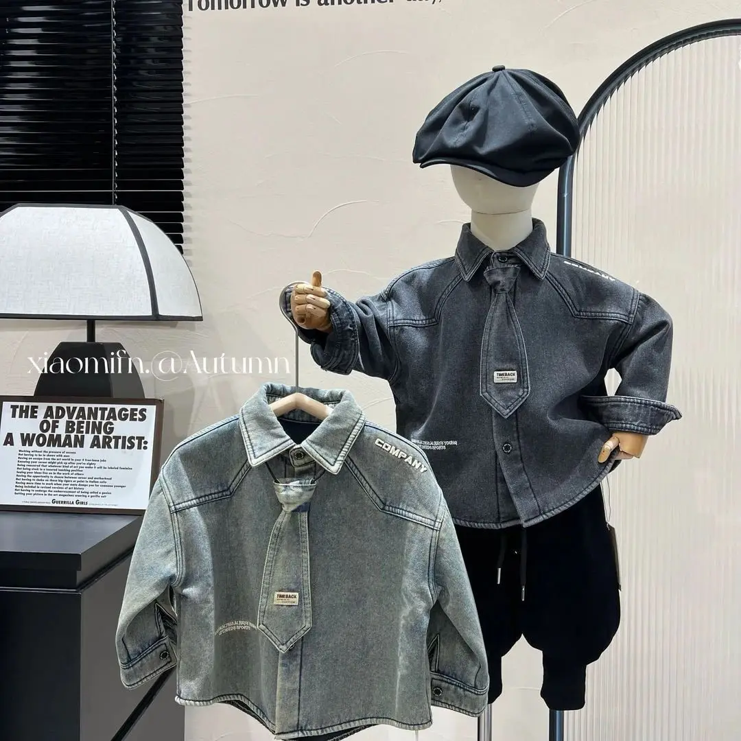 Plush Retro Boys' Coat, Children's Thick Denim Stylish Shirt, Cool New Style with A Collar, Long Sleeved Inner Layer