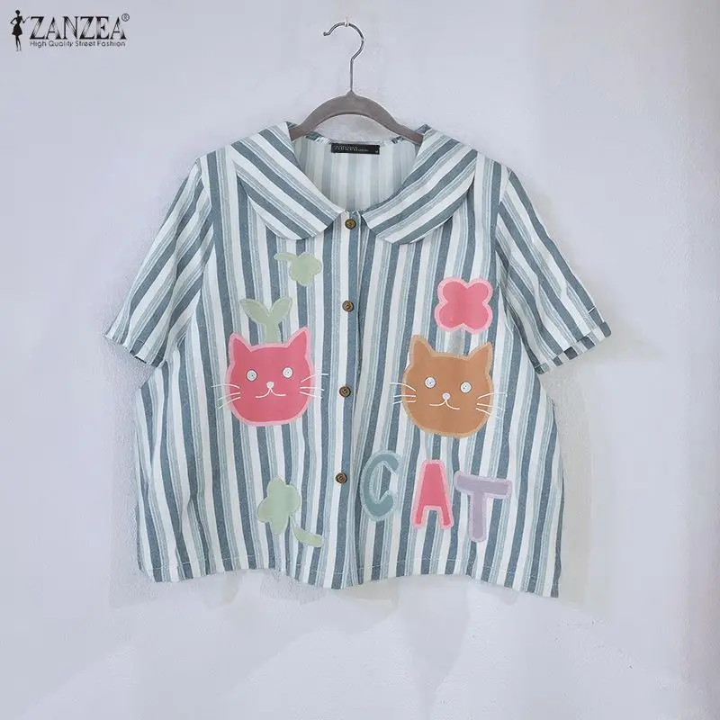 

ZANZEA, модные рубашки с короткими рукавами, женская полосатая блузка с воротником Питера Пэна, элегантные офисные женские туники, топы, лето 2026, Blusas Femme