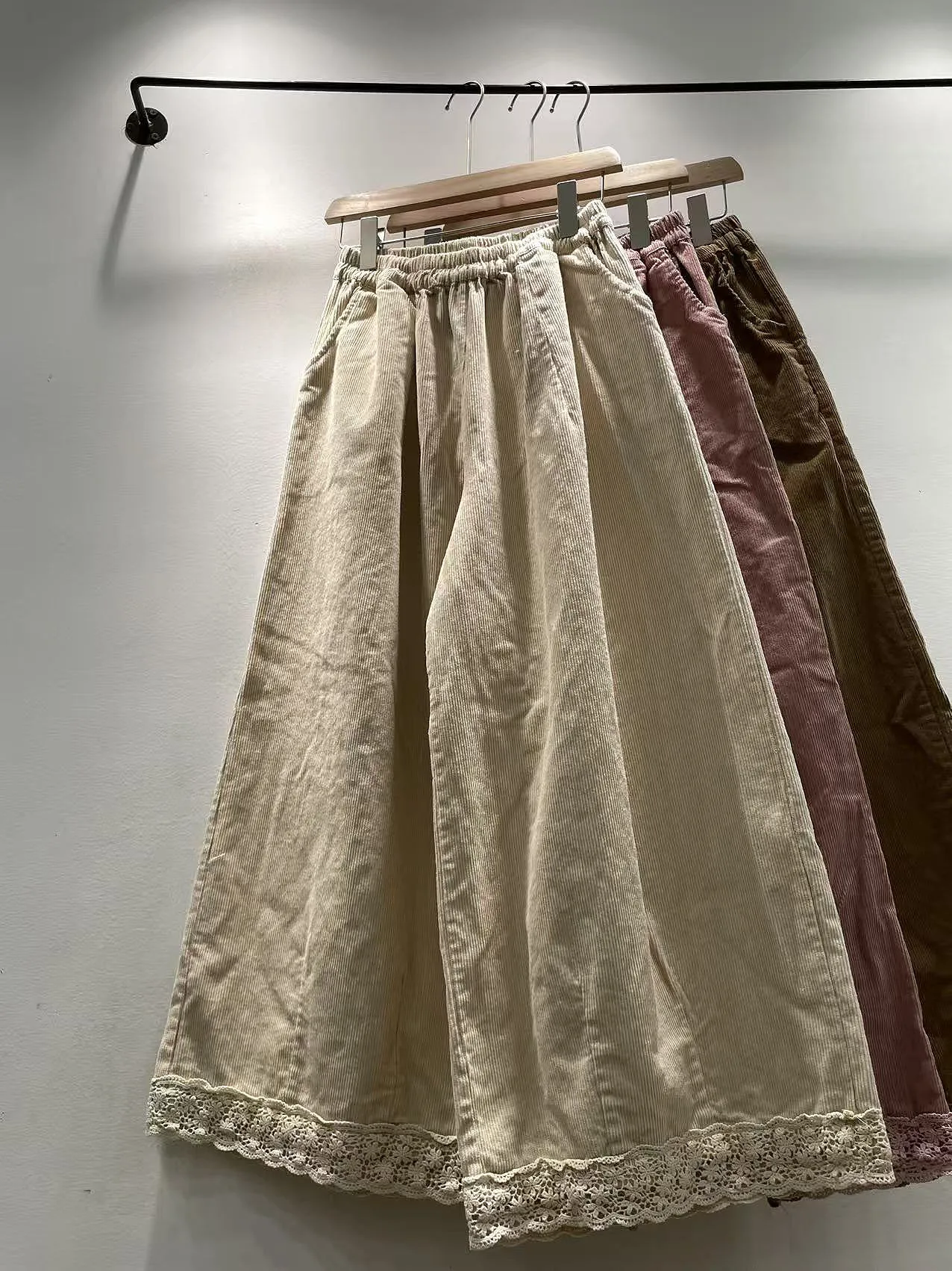 

Autumn Winter Loose Wide Leg Pants Women's High Waist Cotton Blend Velvet Lace Splicing Casual Trousers Girl Sle Pure Color