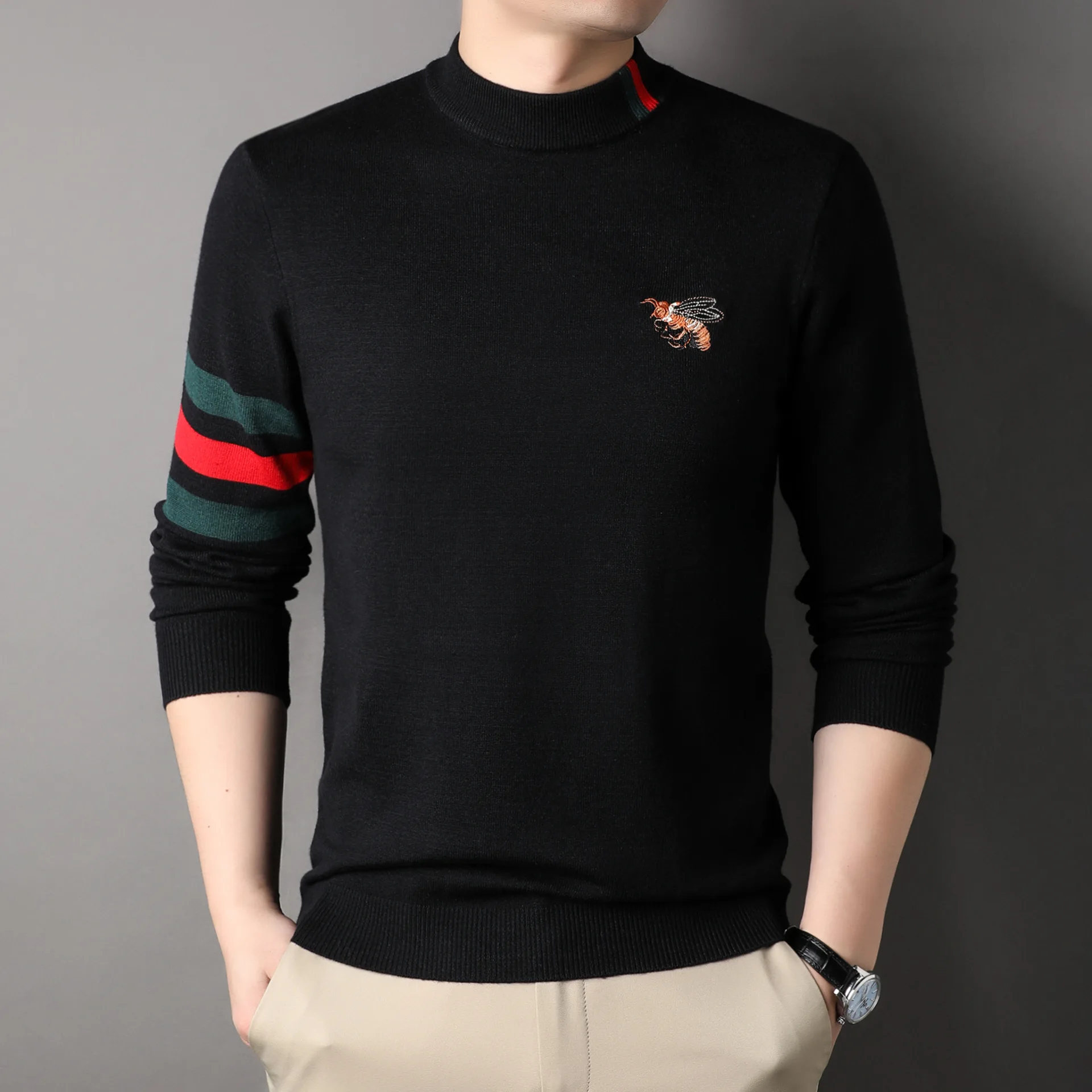 Autumn and Winter Men's Half-High Collar Thickened Sweater Slim Knit Bottoming Shirt Youth Warm Bee Embroidered Sweater Men