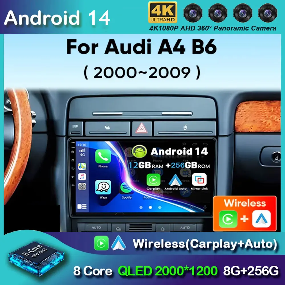 Android 14 เครื่องเล่นมัลติมีเดียสําหรับAudi A4 B6 2000 - 2009 Carplay Android Auto Carวิทยุสเตอริโอเครื่องเล่นมัลติมีเดีย 4G Wifi