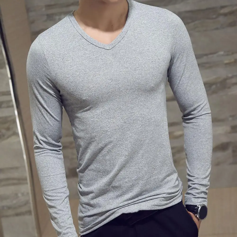 Sports Gym Long Sleeve Slim Fit T-shirt Men\'s Solid Color Casual V-neck Underlay Shirt Round Neck T Shirt Fitness Sport T Shirt