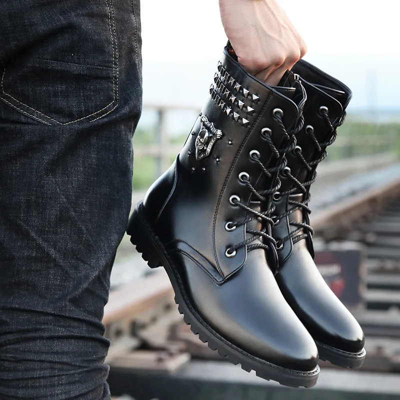Jesienne i zimowe buty motocyklowe skórzane buty wysokie buty męskie modne botki męskie nitowe buty motocyklowe