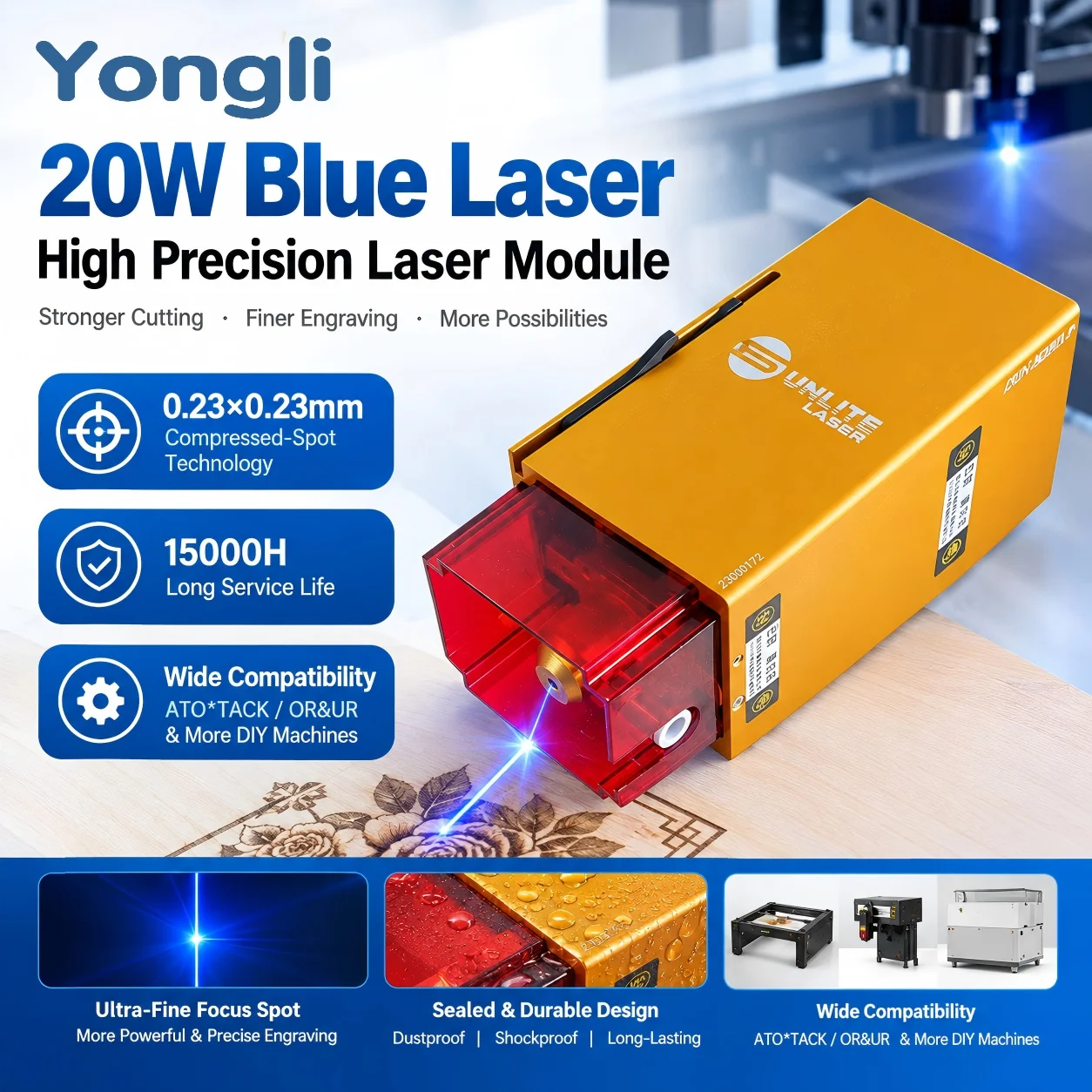 Yongli 20W Blue Laser Module 0.23x0.23mm Fine Spot 15000H Long Life for ATO*TACK OR&UR DIY Laser Engraving and Cutting Machine