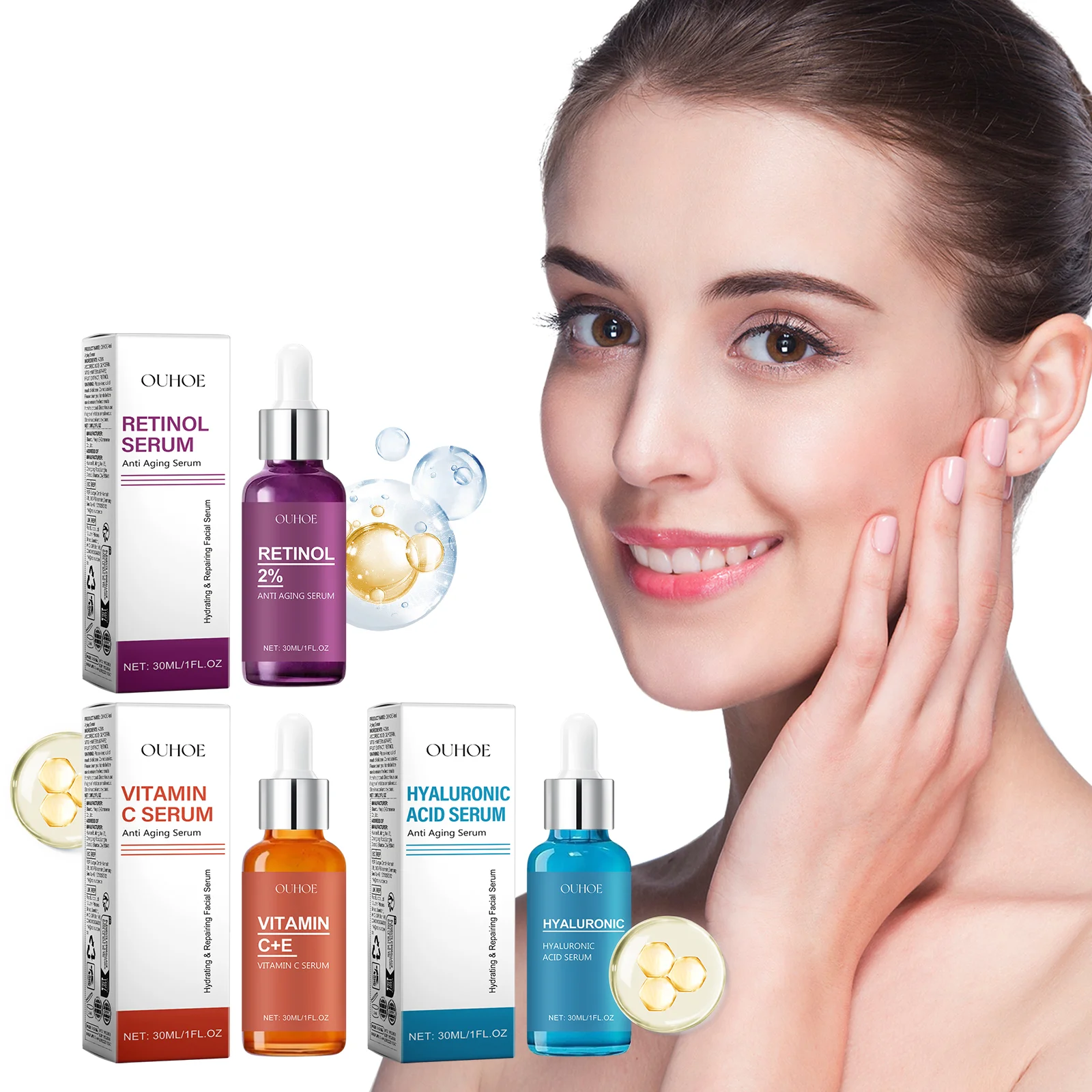OUHOE Gesichts-Hyaluronsäure-Serum-Serie, feuchtigkeitsspendende, weiche und gespannte Haut, verblasst feine Linien, Anti-Falten-Hautpflege-Essenz