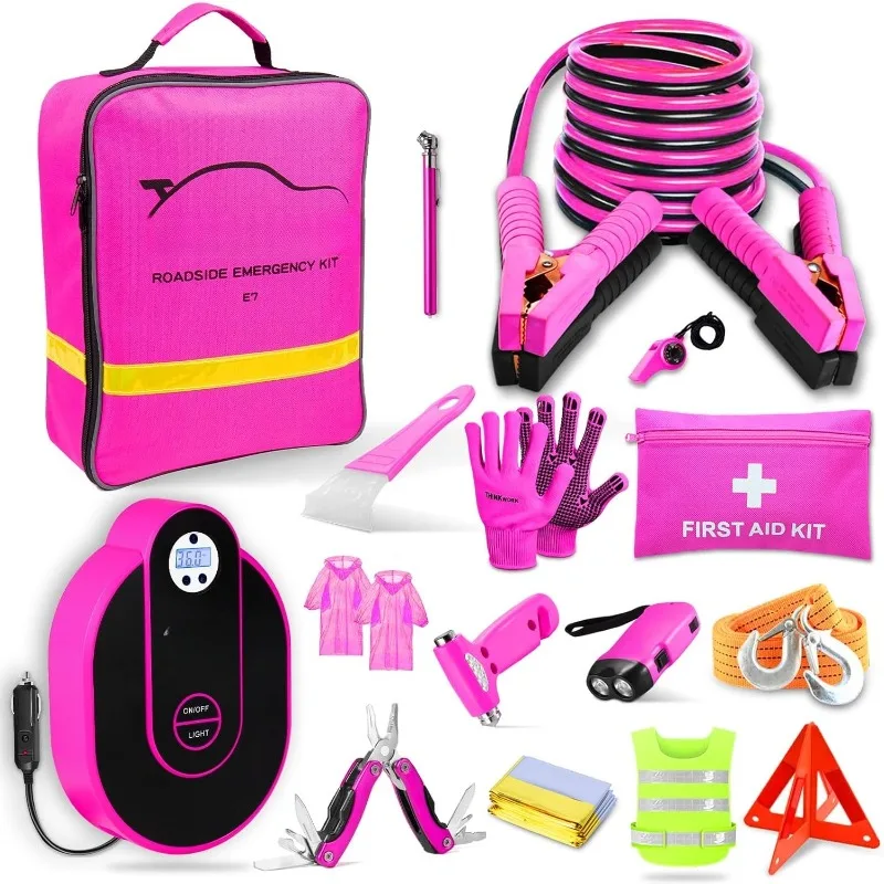 

Car Emergency Kit for Teen Girl and Lady's Gifts, Pink Emergency Roadside Assistance kit with Digital Air Compressor,